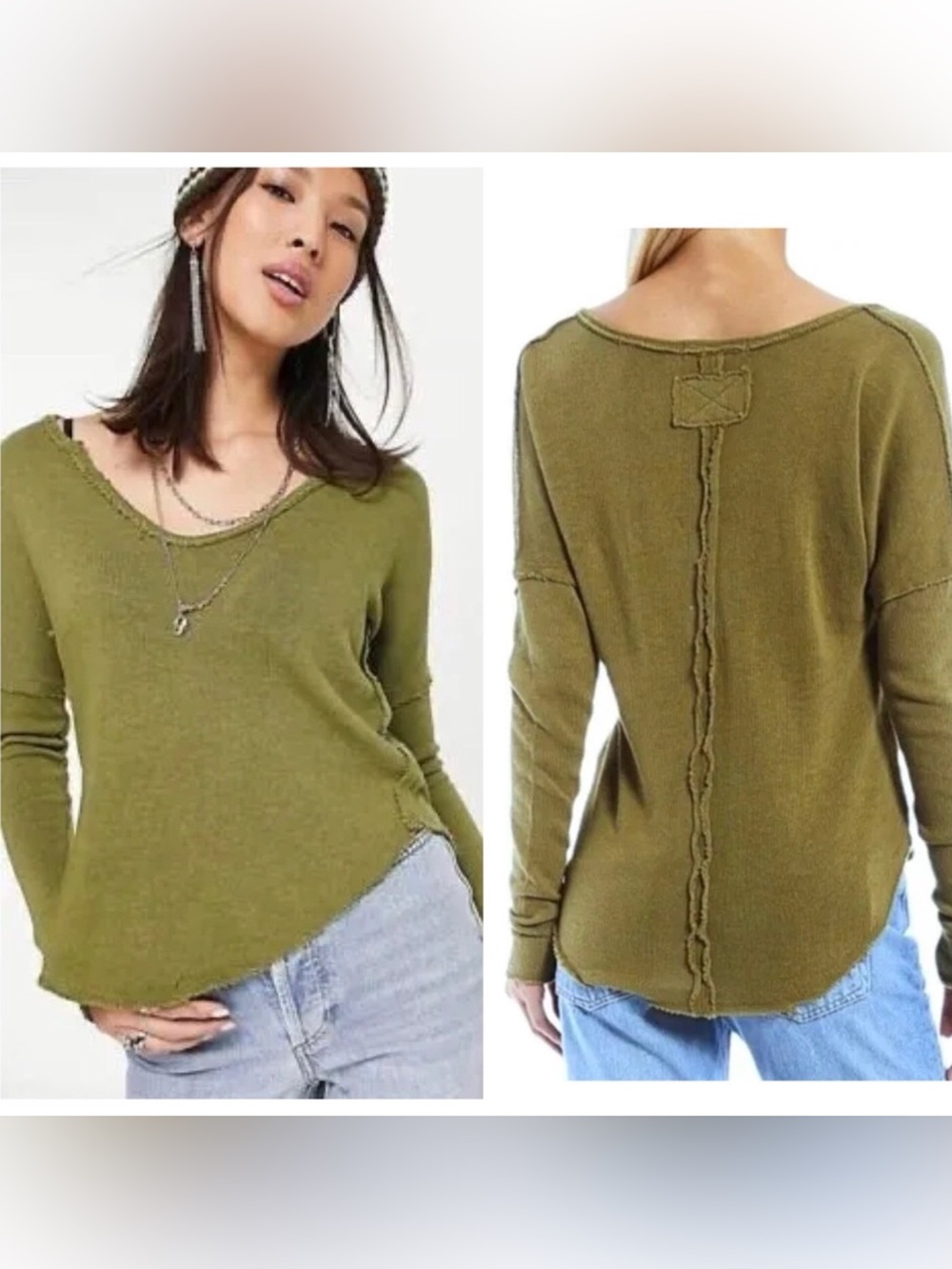 We The Free Size Small Green Come & Get It Waffle Knit Top Boho Long Sleeve